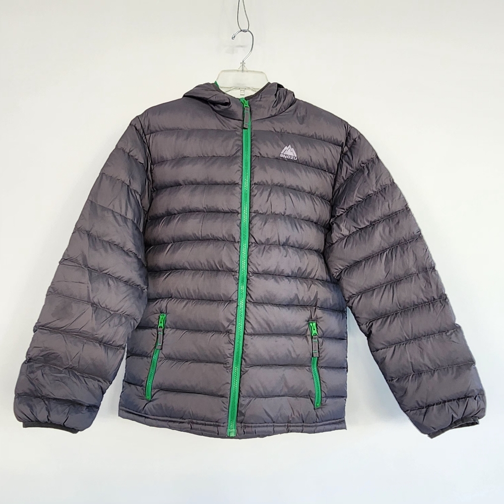 Gray Puffer Jacket with Green Accents